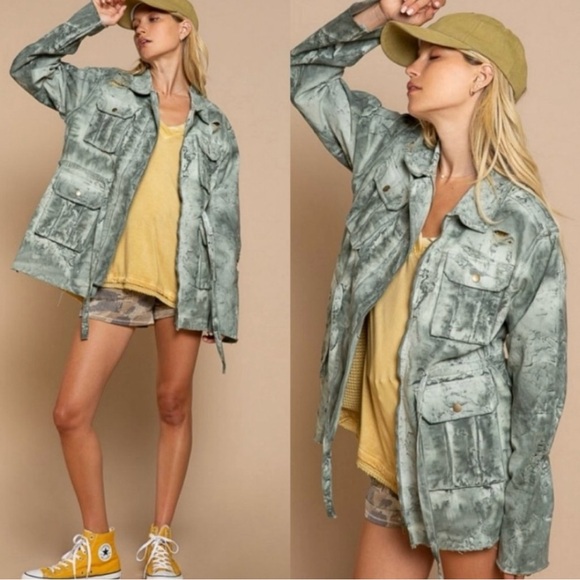 🆕 POL - Distressed Denim - Safari - Utility Jacket - Pale Sage - 100% COTTON - Picture 6 of 10